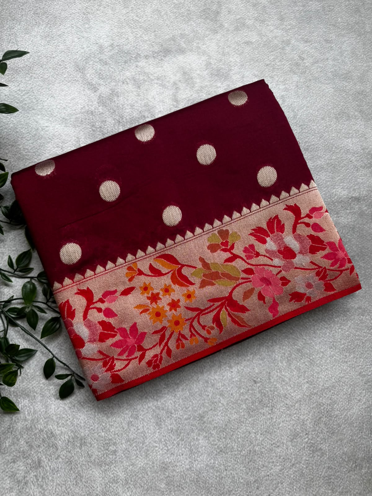 Maroon polka dot semi crepe saree