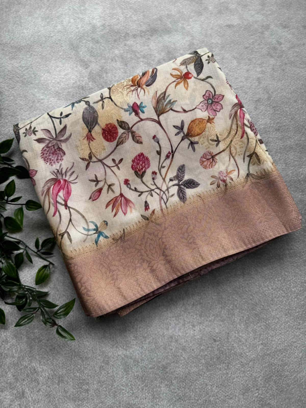 Cream digital printed crepe saree