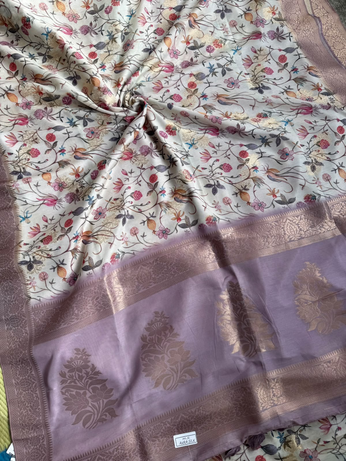 Cream digital printed crepe saree