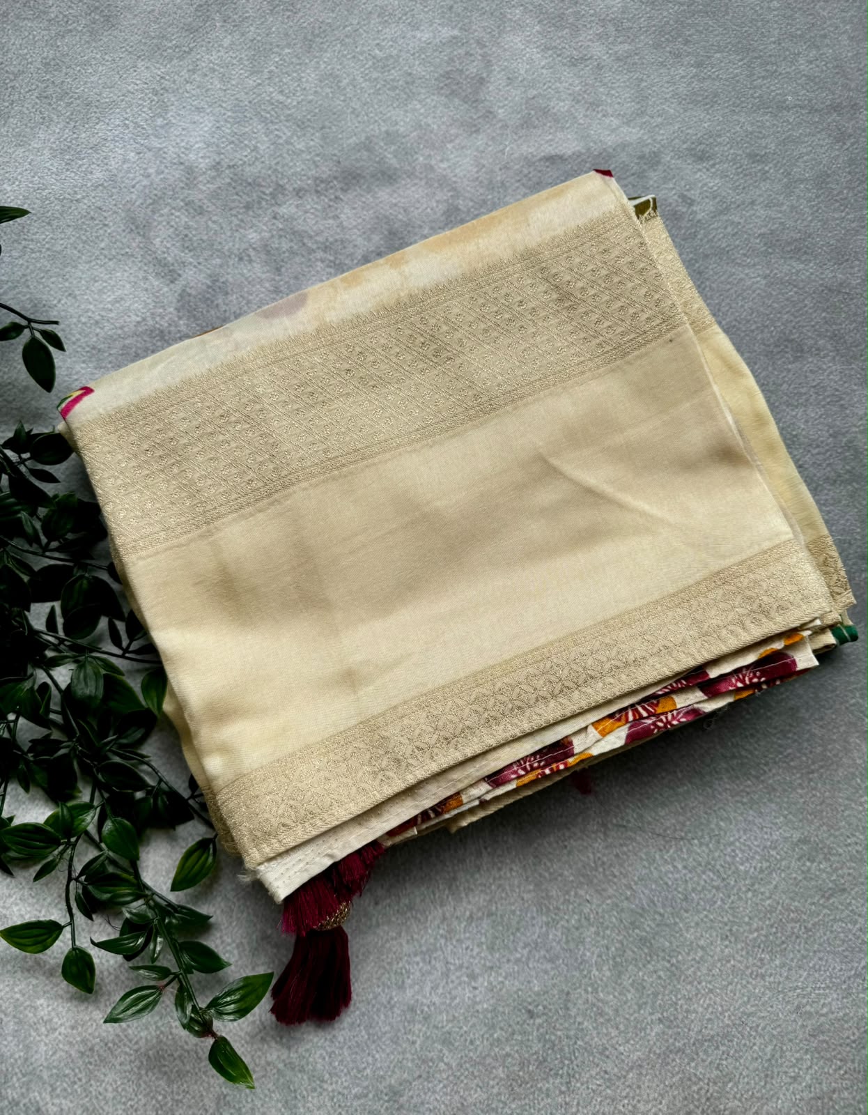 Cream digital printed crepe saree