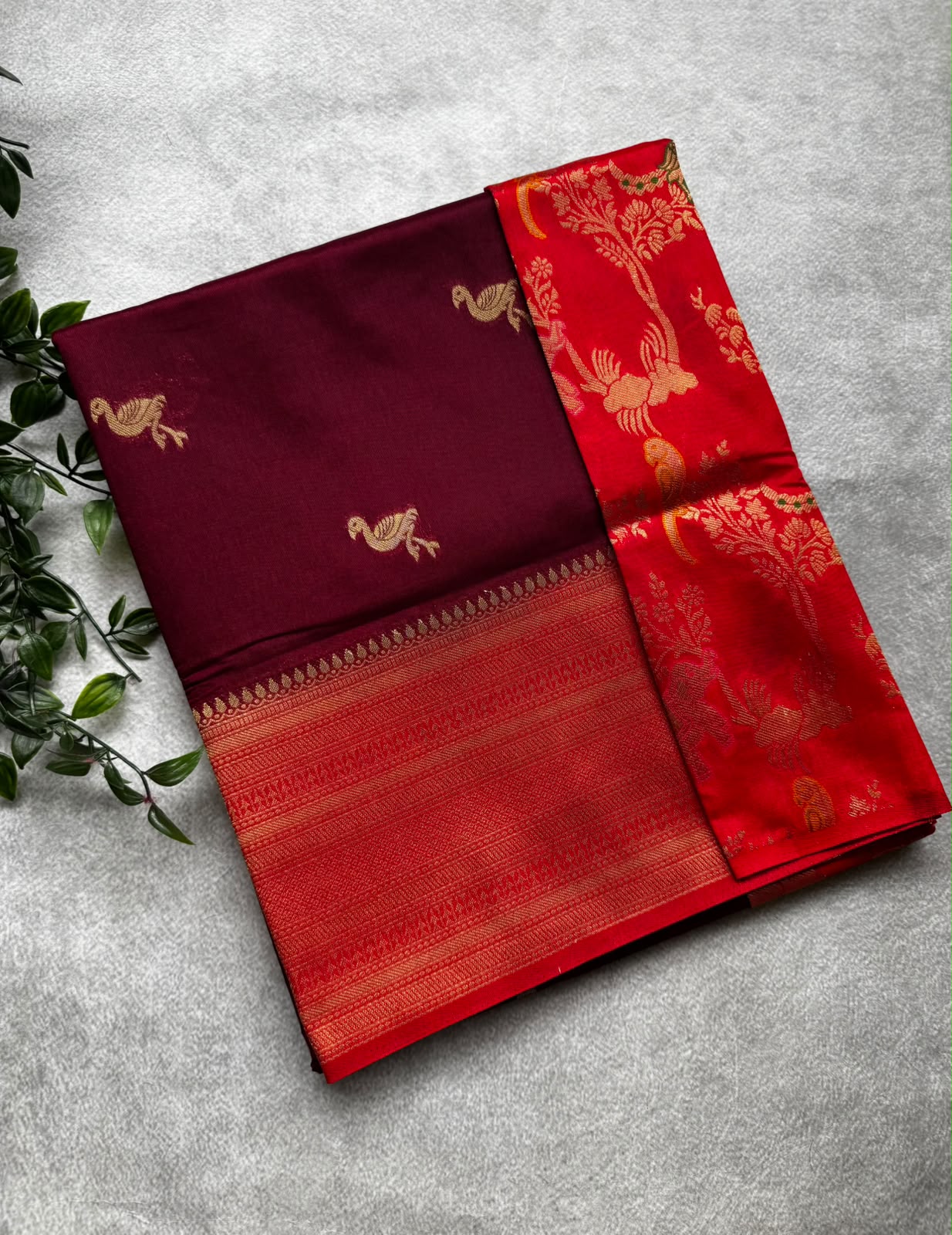 Maroon small butta tussar saree