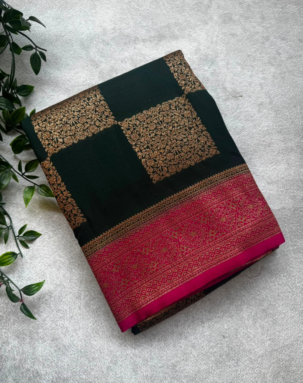 Bottle green checks banarasi crepe saree