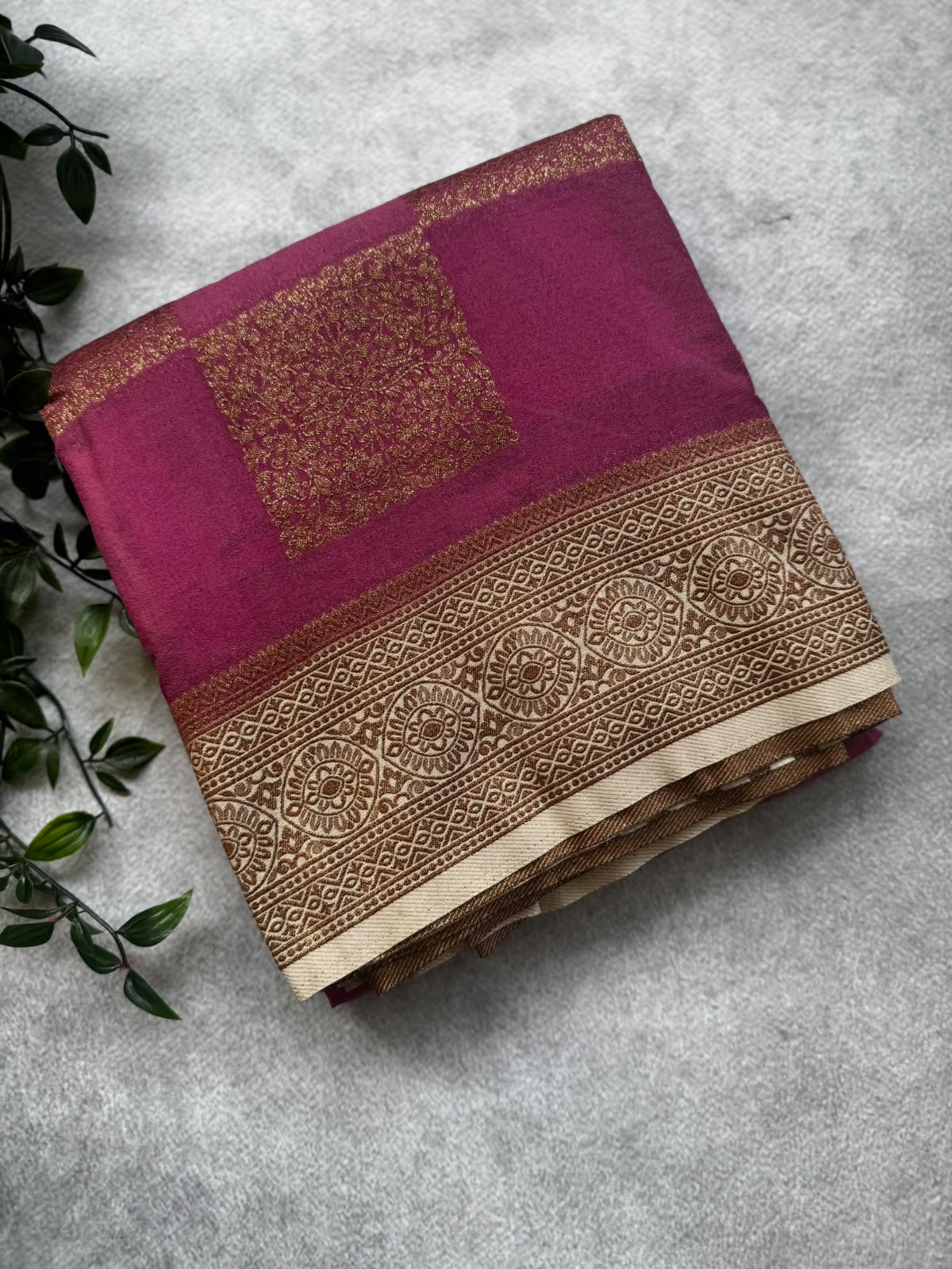 Onion pink checks banarasi crepe saree