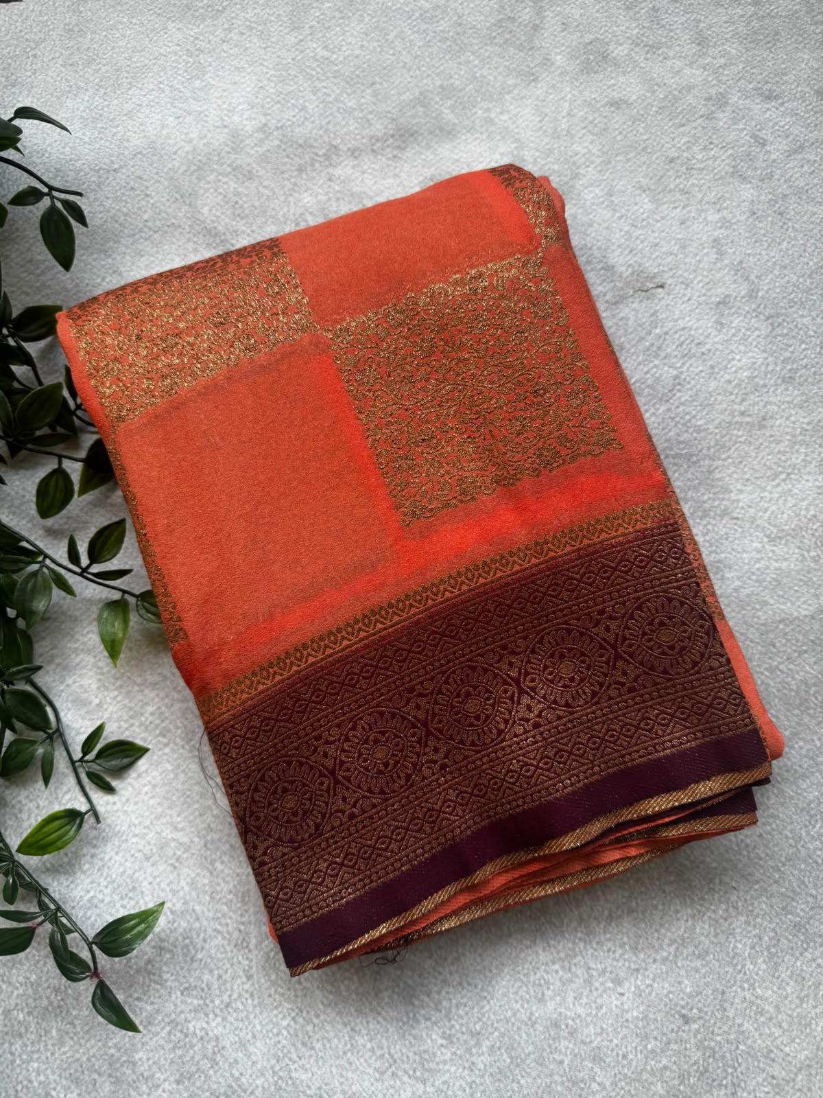 Peach checks banarasi crepe saree