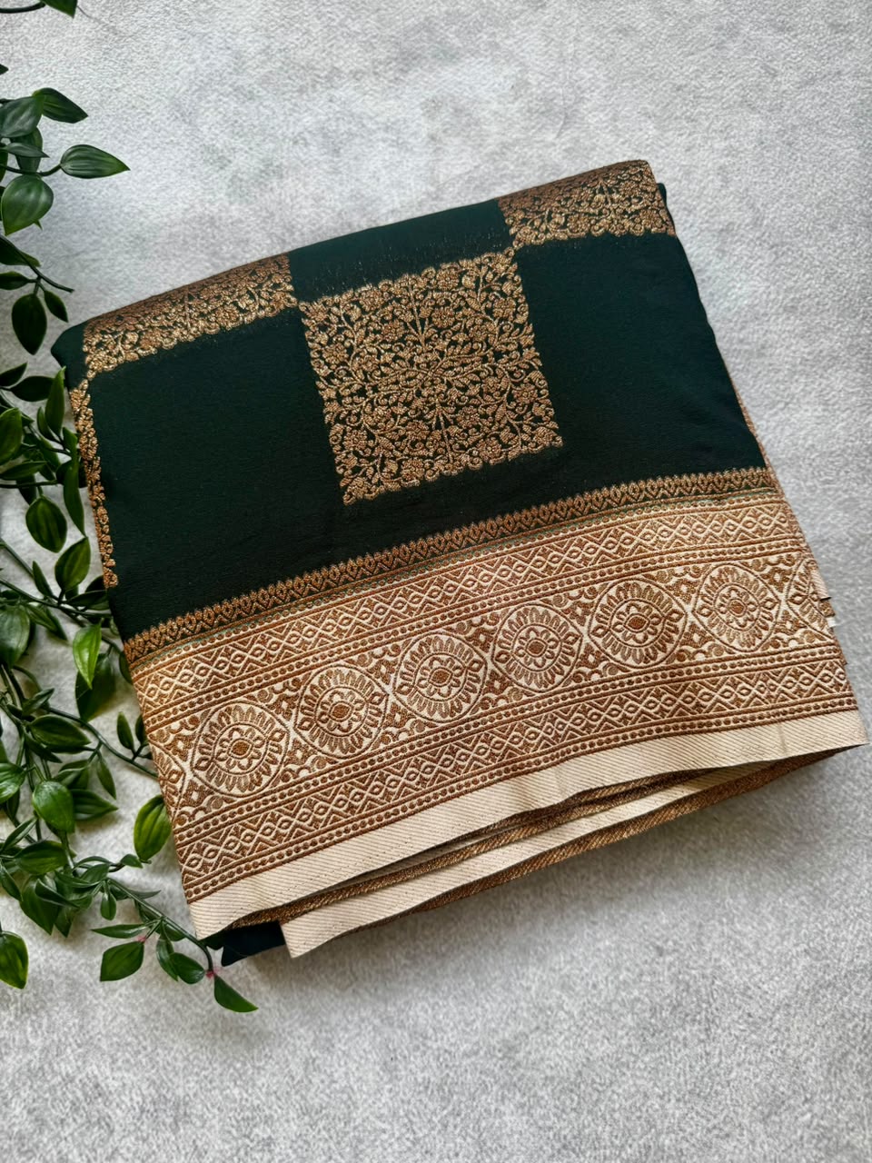 Bottle green checks banarasi crepe saree