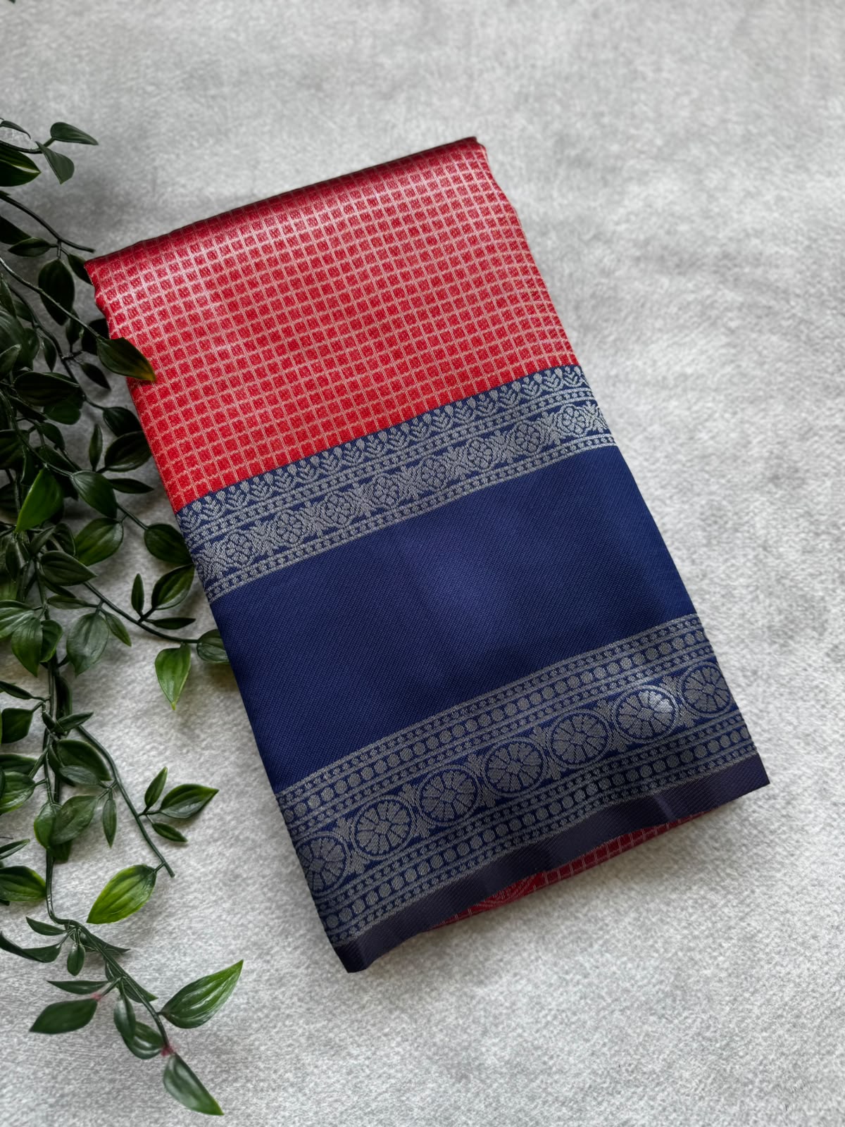 Red checks crepe saree