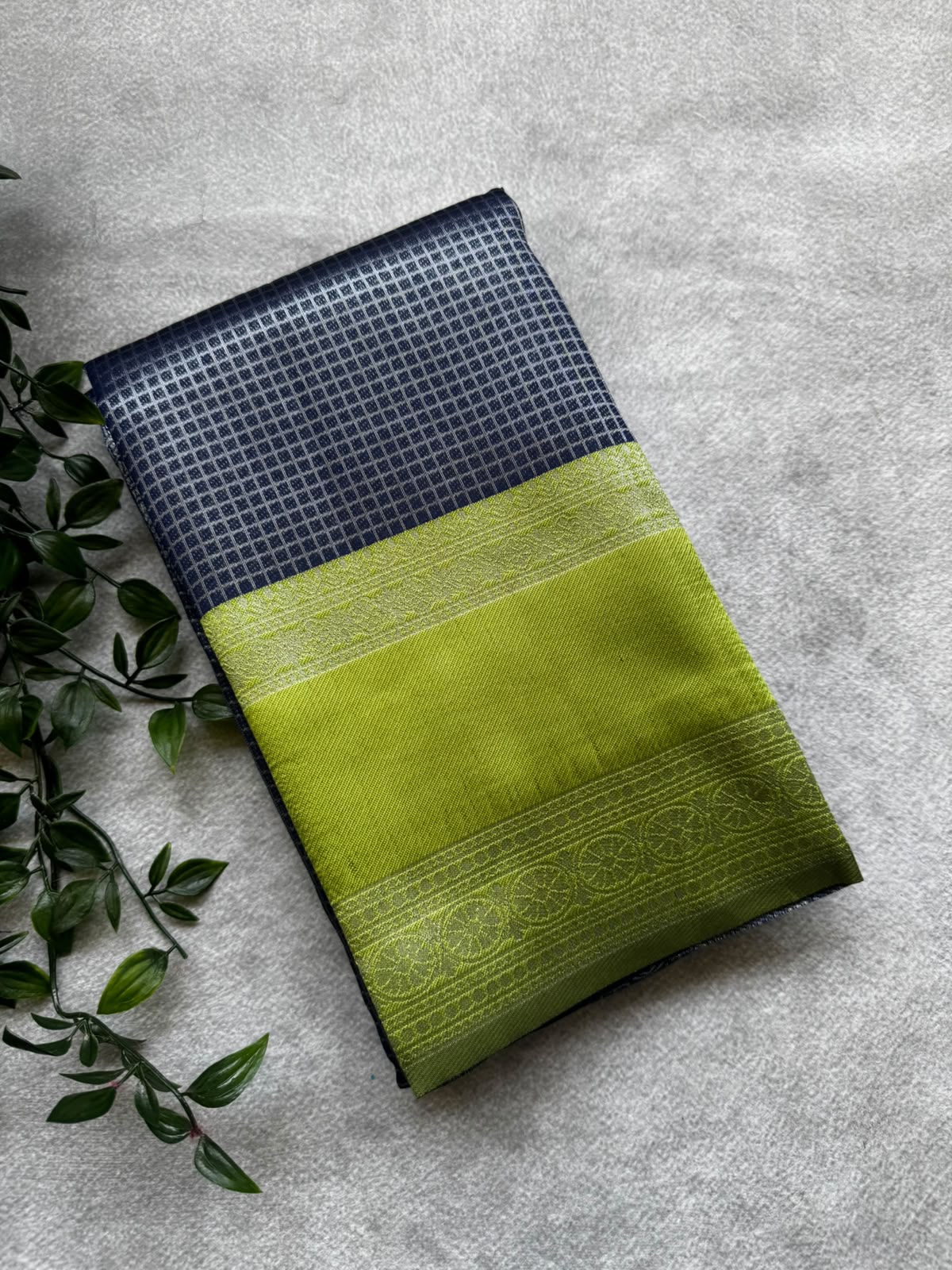 Navy blue checks crepe saree