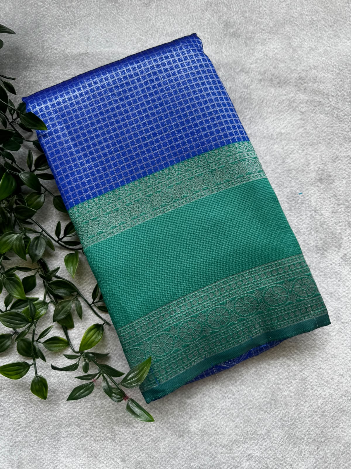 Blue checks crepe saree