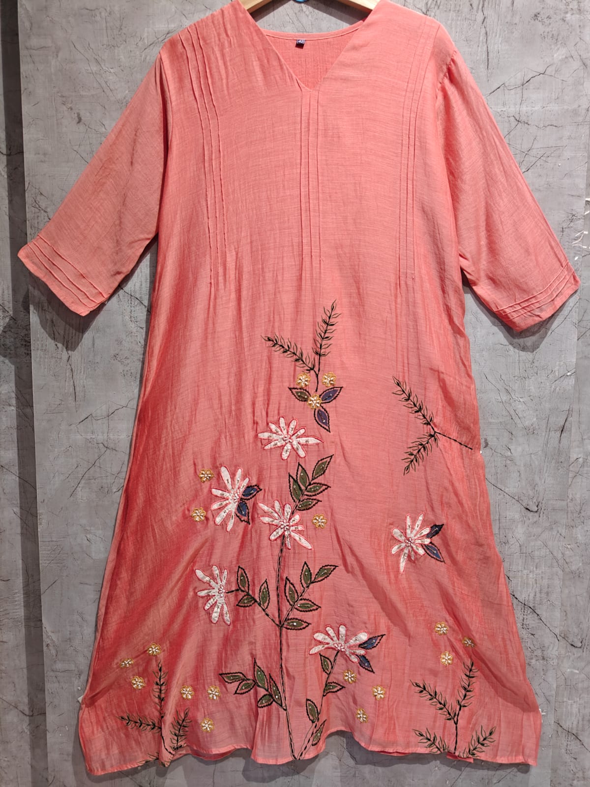 Baby pink Mul Chanderi Thread Embroidery A Line Kurtha 447