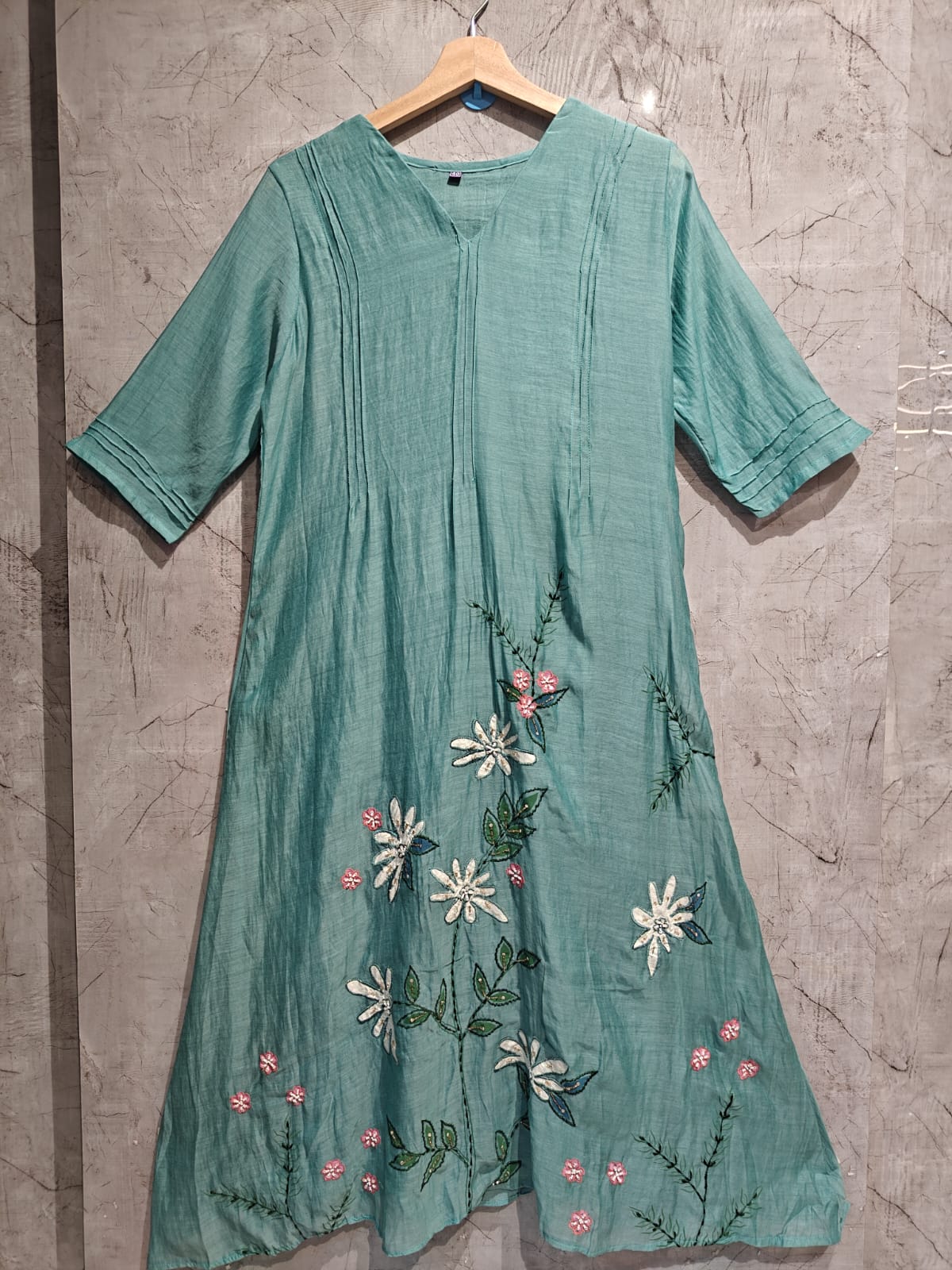 Sky blue Mul Chanderi Thread Embroidery A Line Kurtha 447