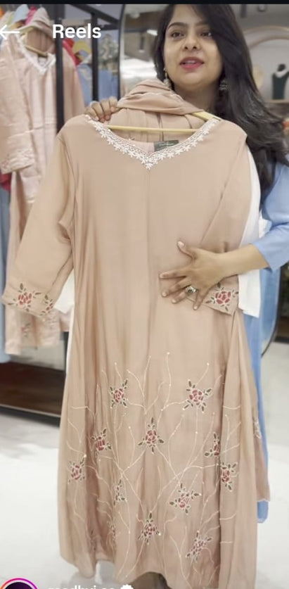 Beige Mul Chanderi Thread Embroidery A Line Kurtha 63