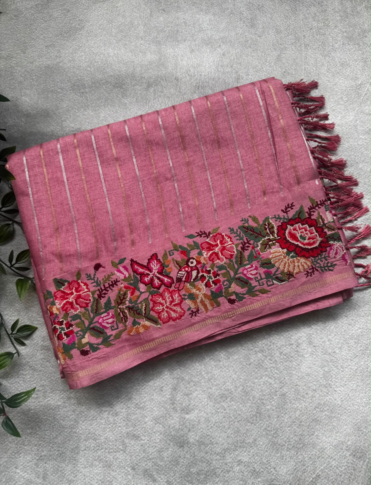 Pink stripes tussar georgette saree