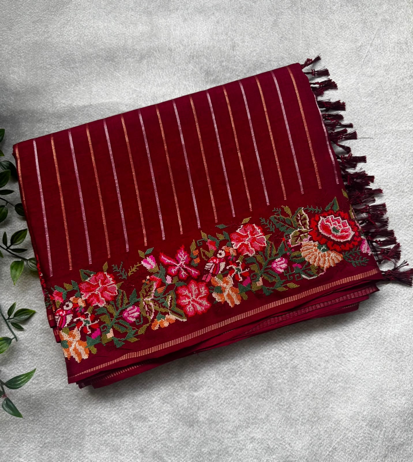 Maroon stripes tussar georgette saree