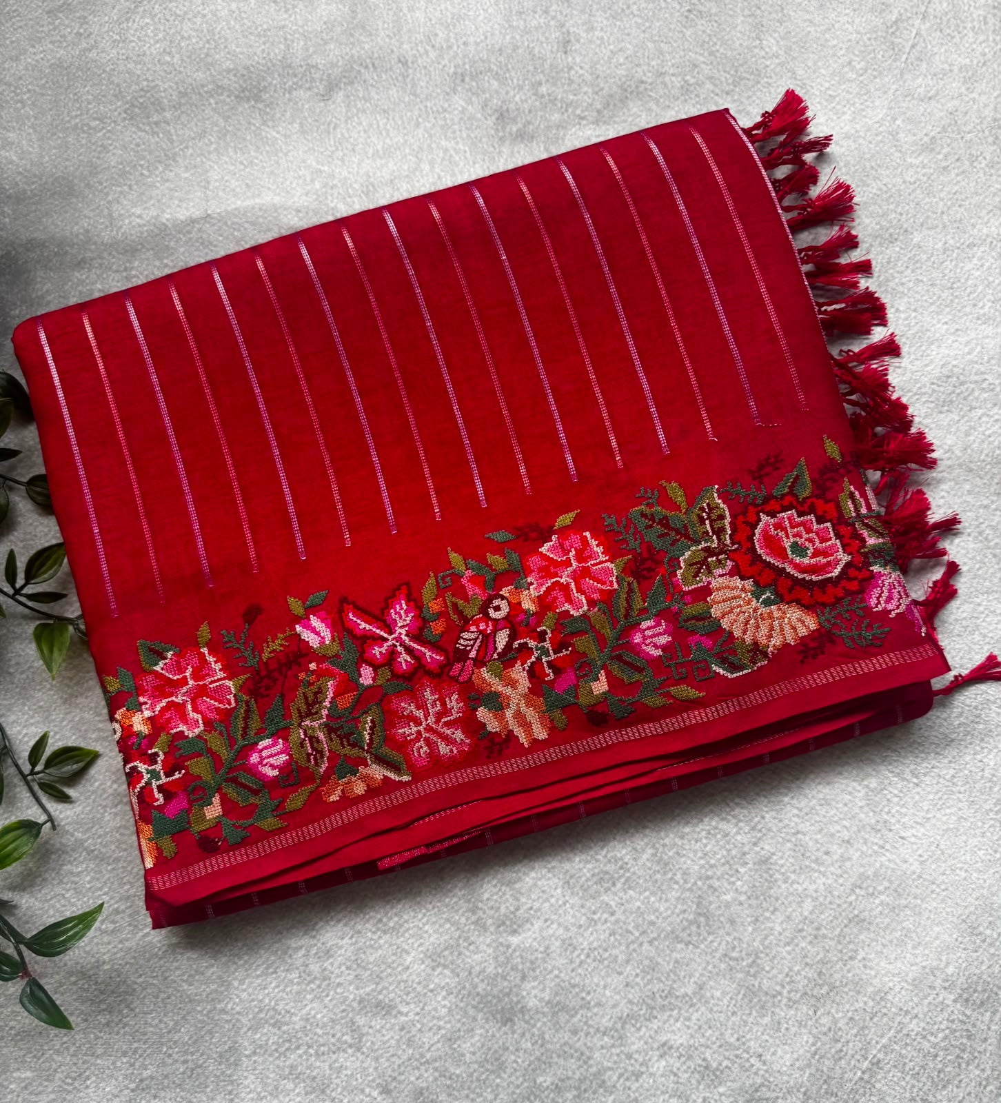Red stripes tussar georgette saree