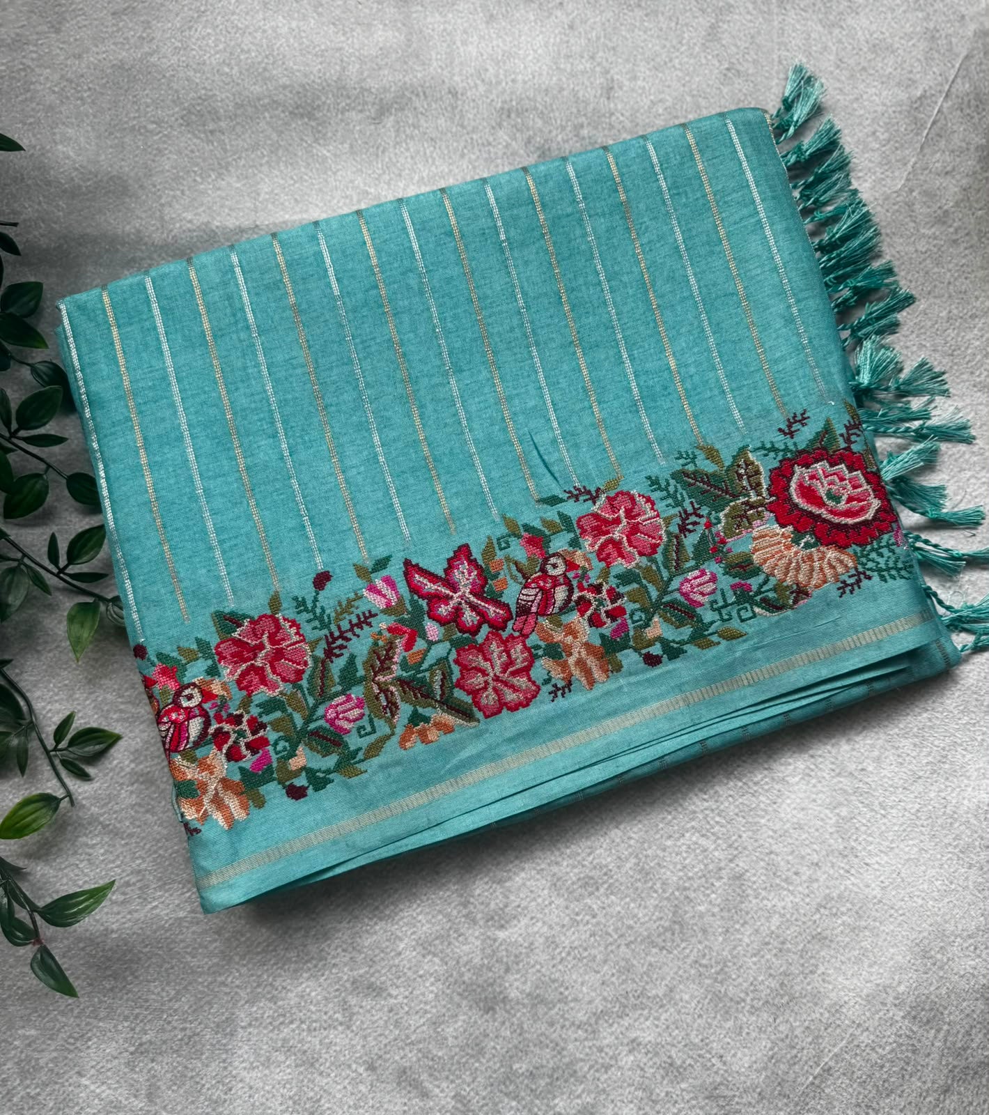 Sky blue stripes tussar georgette saree