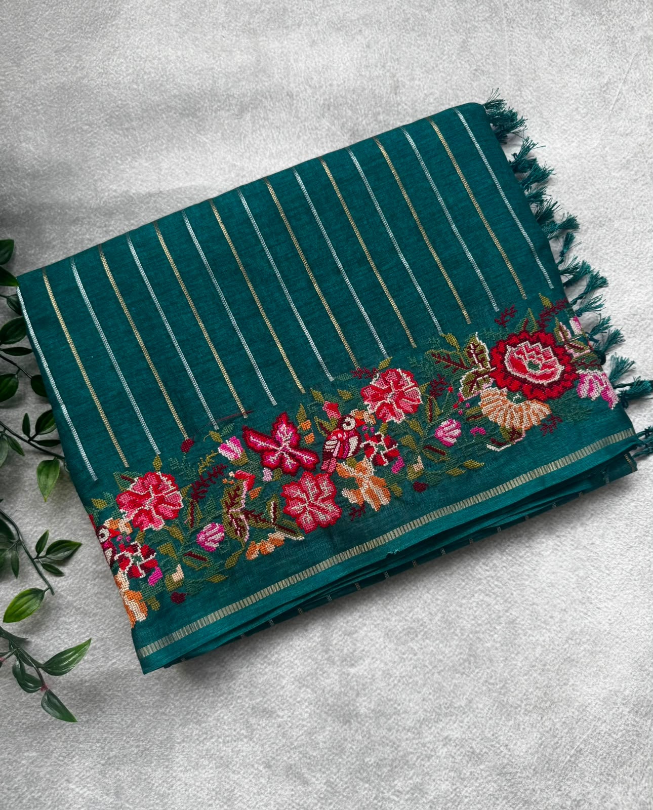 Teal stripes tussar georgette saree