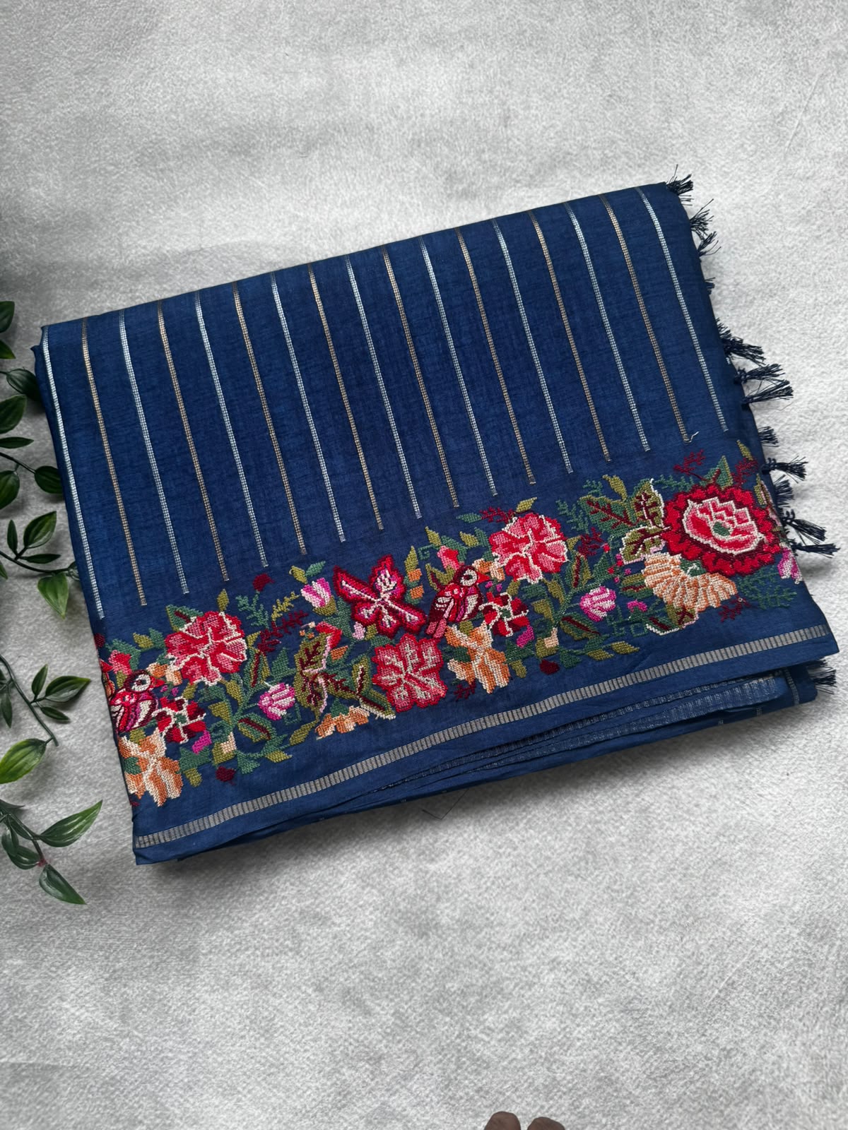 Navy blue stripes tussar georgette saree