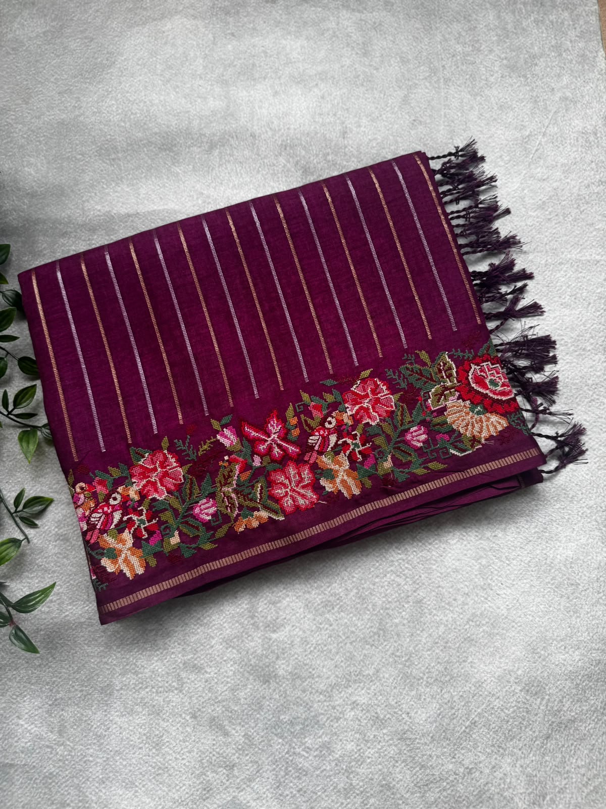 Wine stripes tussar georgette saree