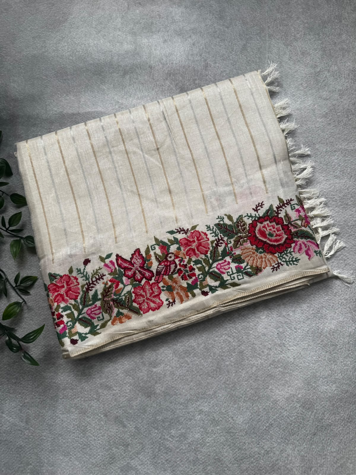 Cream stripes tussar georgette saree