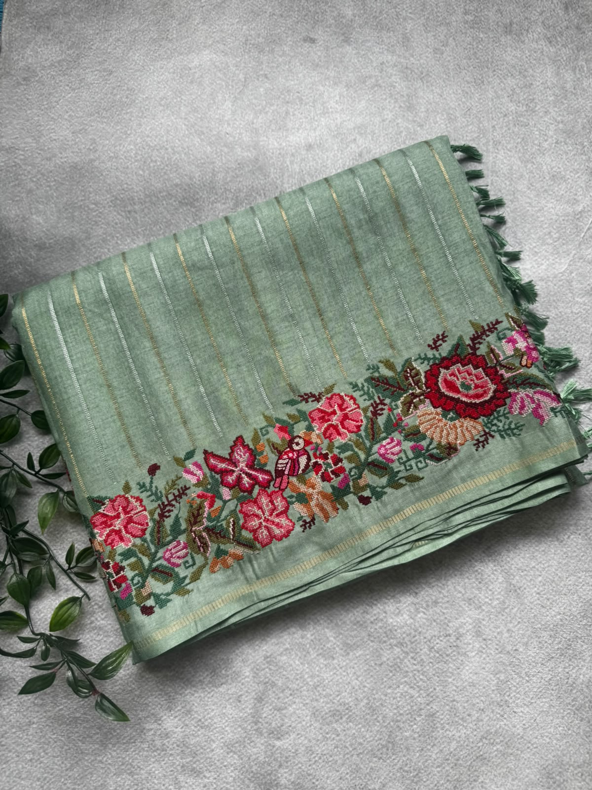 Pastel green stripes tussar georgette saree