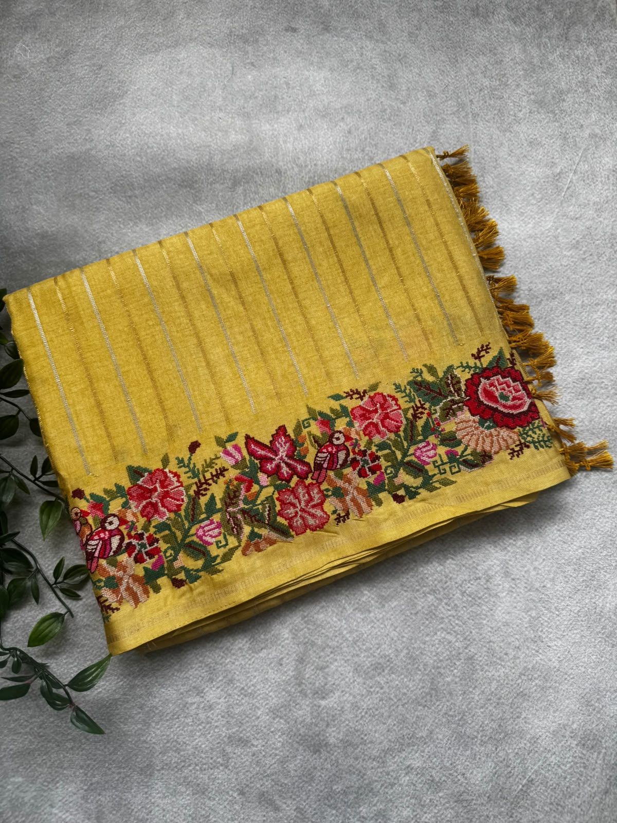 Yellow stripes tussar georgette saree