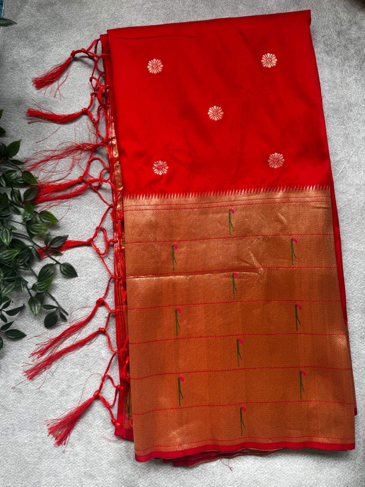 Red small butta tissue paithani border saree