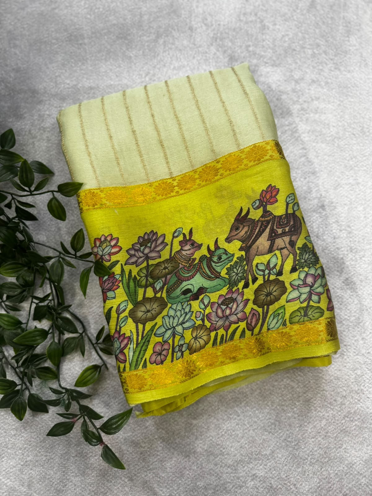 Pastel green wrinkle crepe digital print border saree