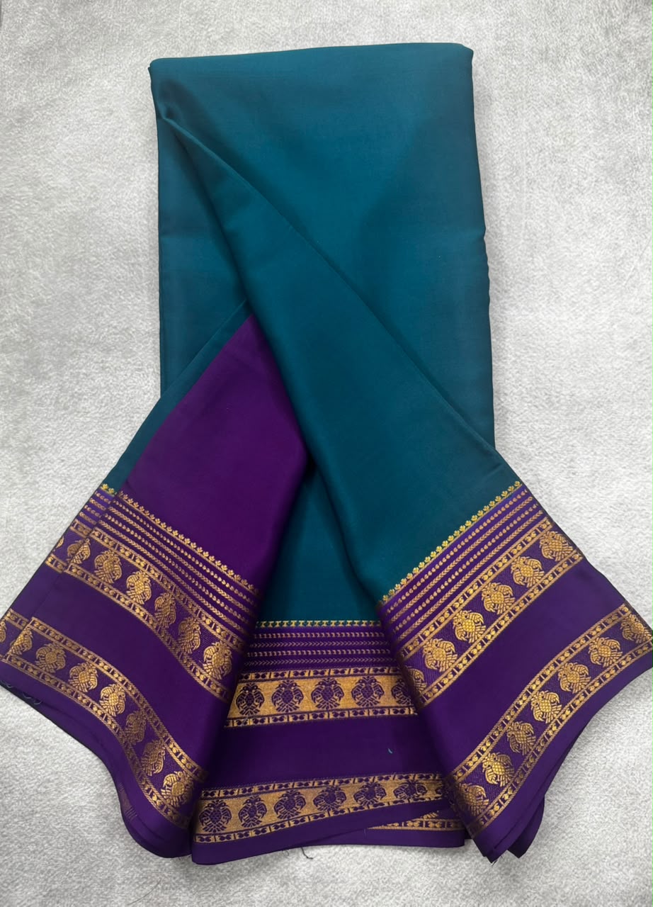 Peacock blue gandaberunda border pure mysore silk saree GB107