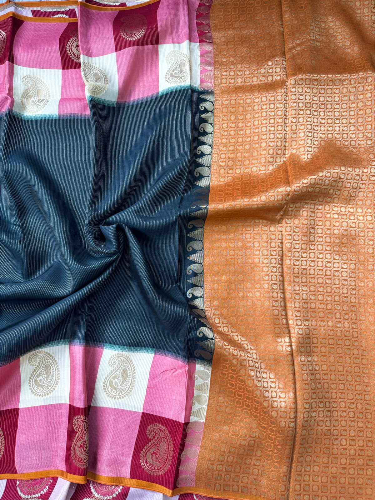 Bottle green checks crepe 107 saree