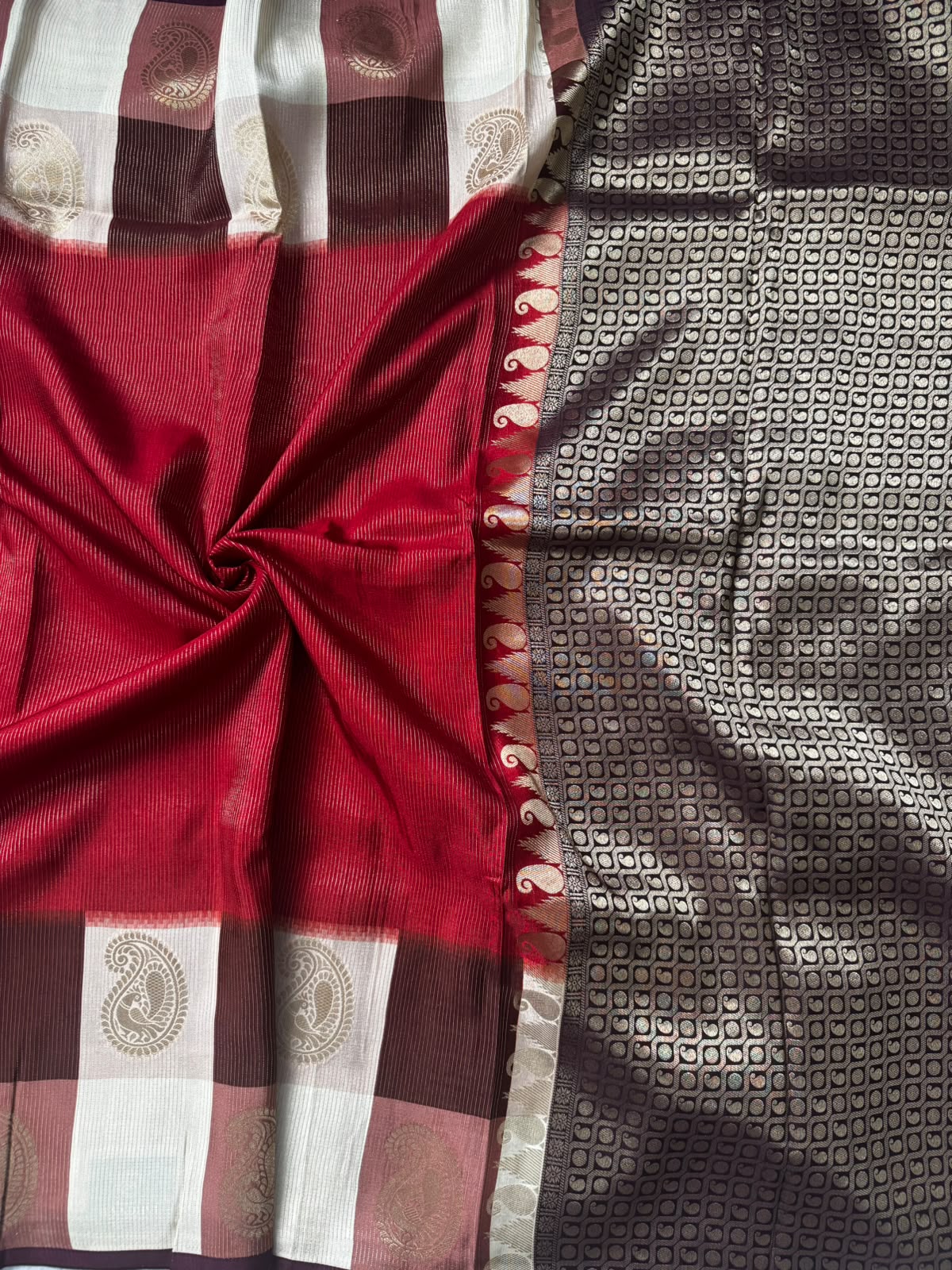 Maroon checks crepe 107 saree