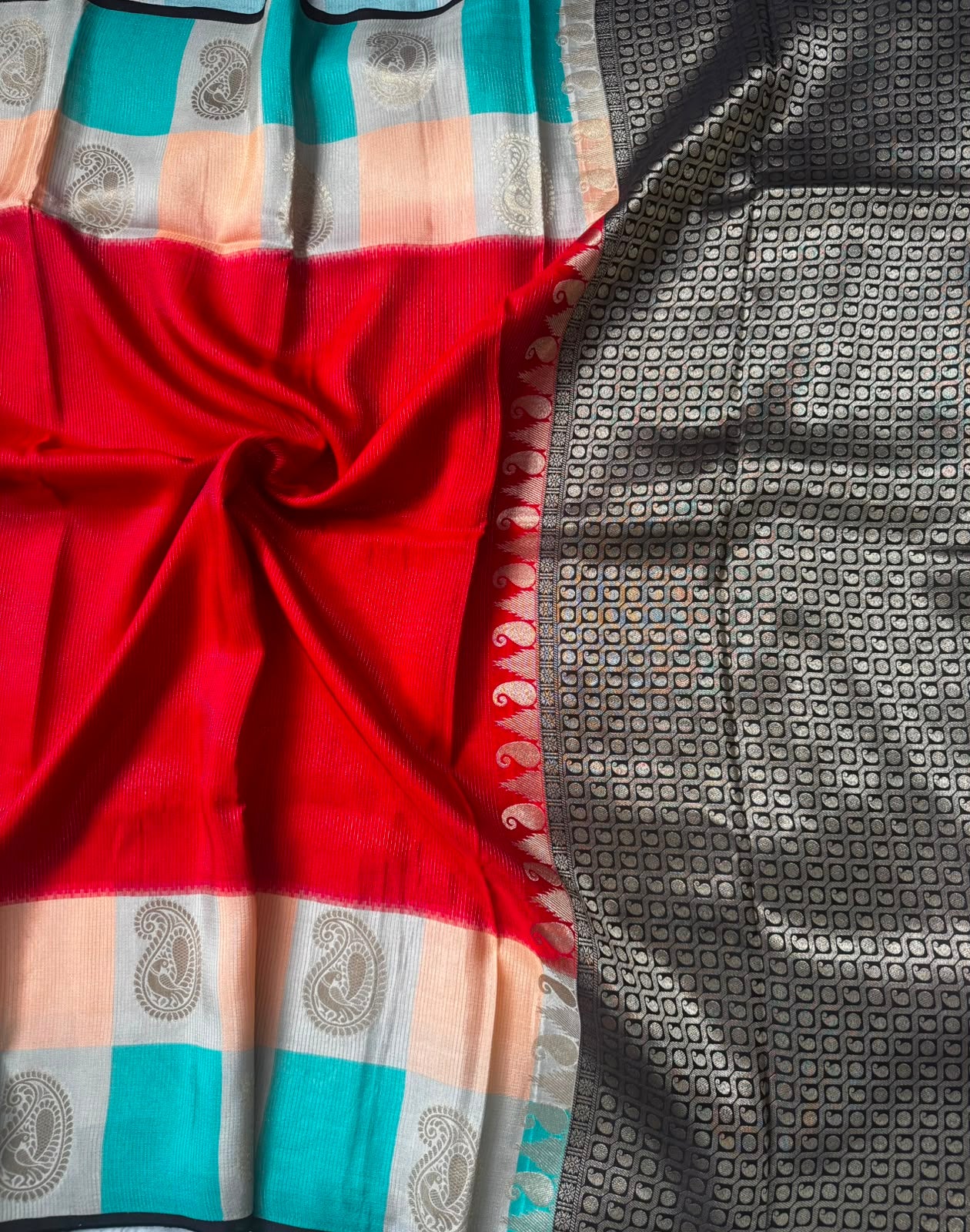 Red checks crepe 107 saree