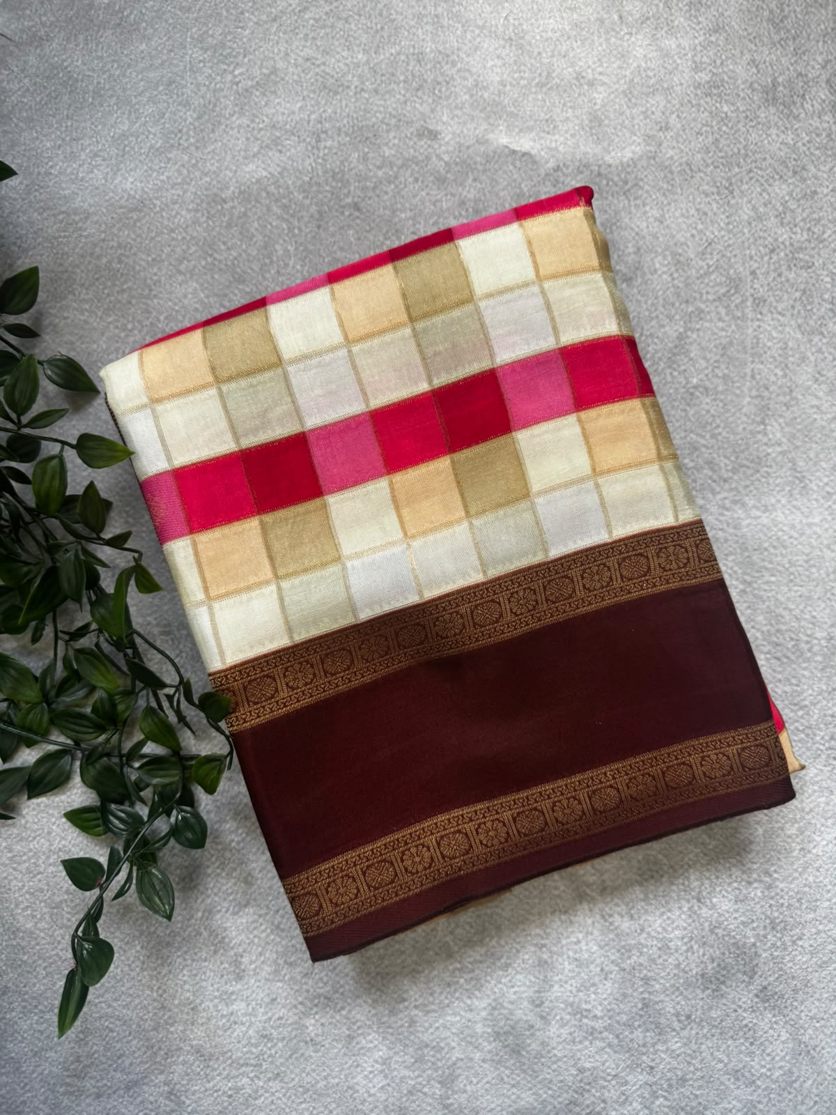 Brown checks crepe 107 saree