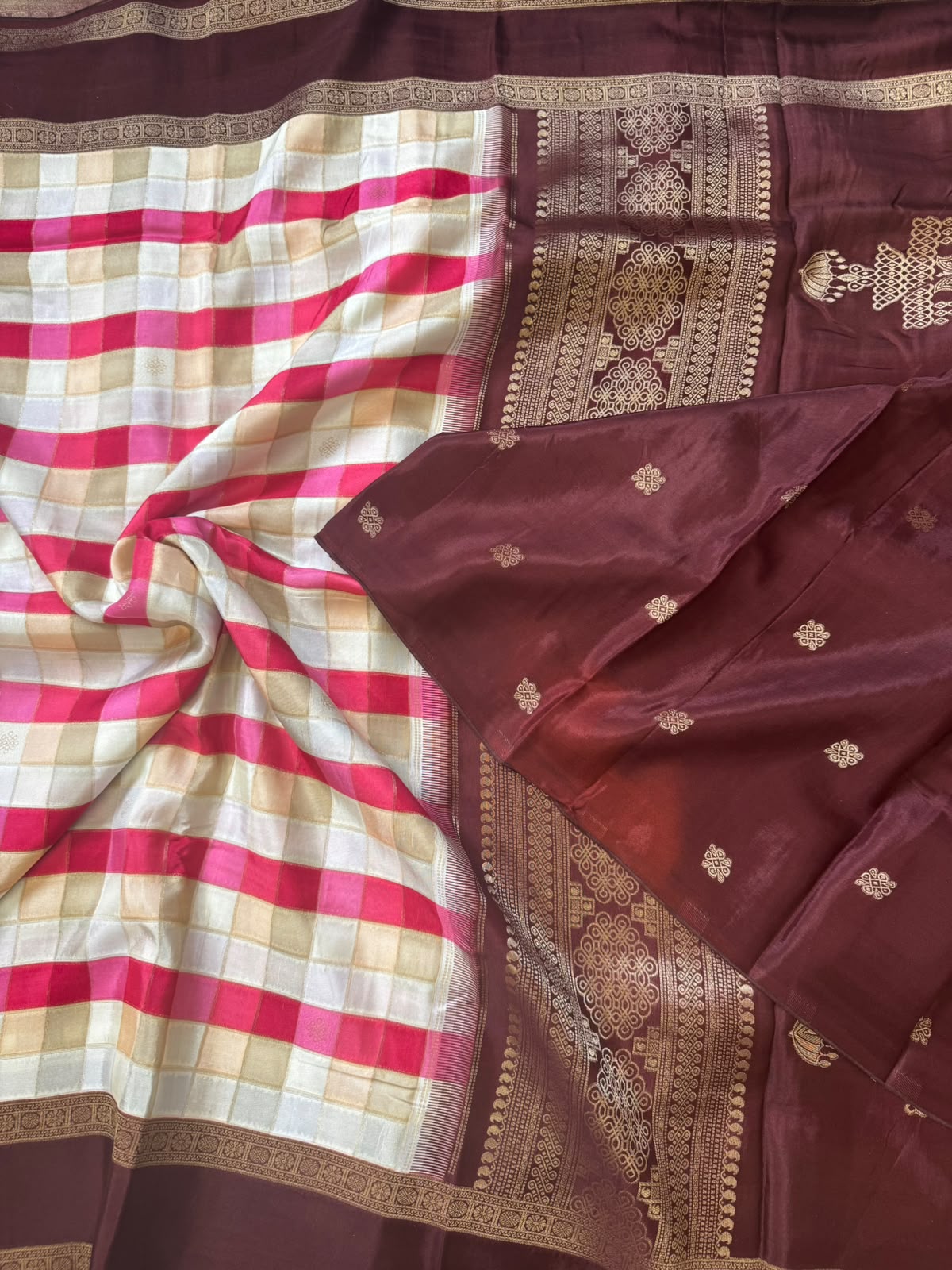 Brown checks crepe 107 saree