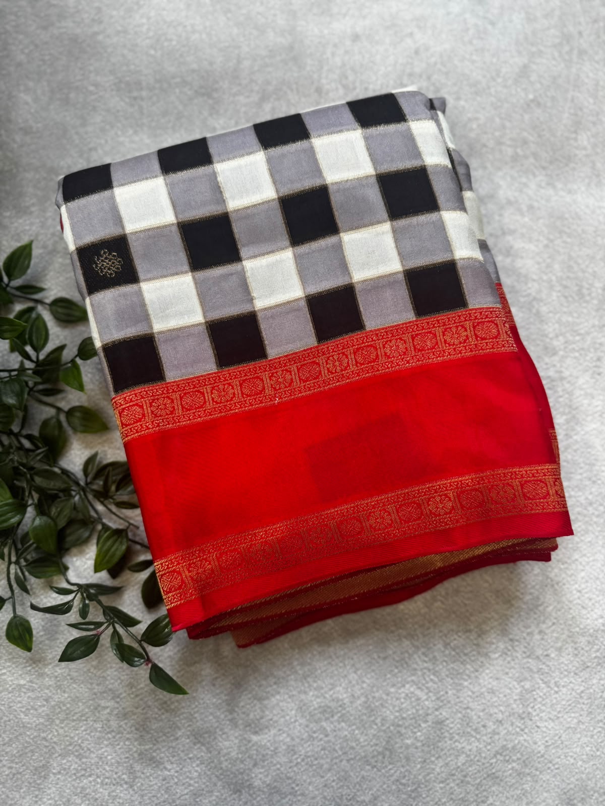 Red checks crepe 107 saree