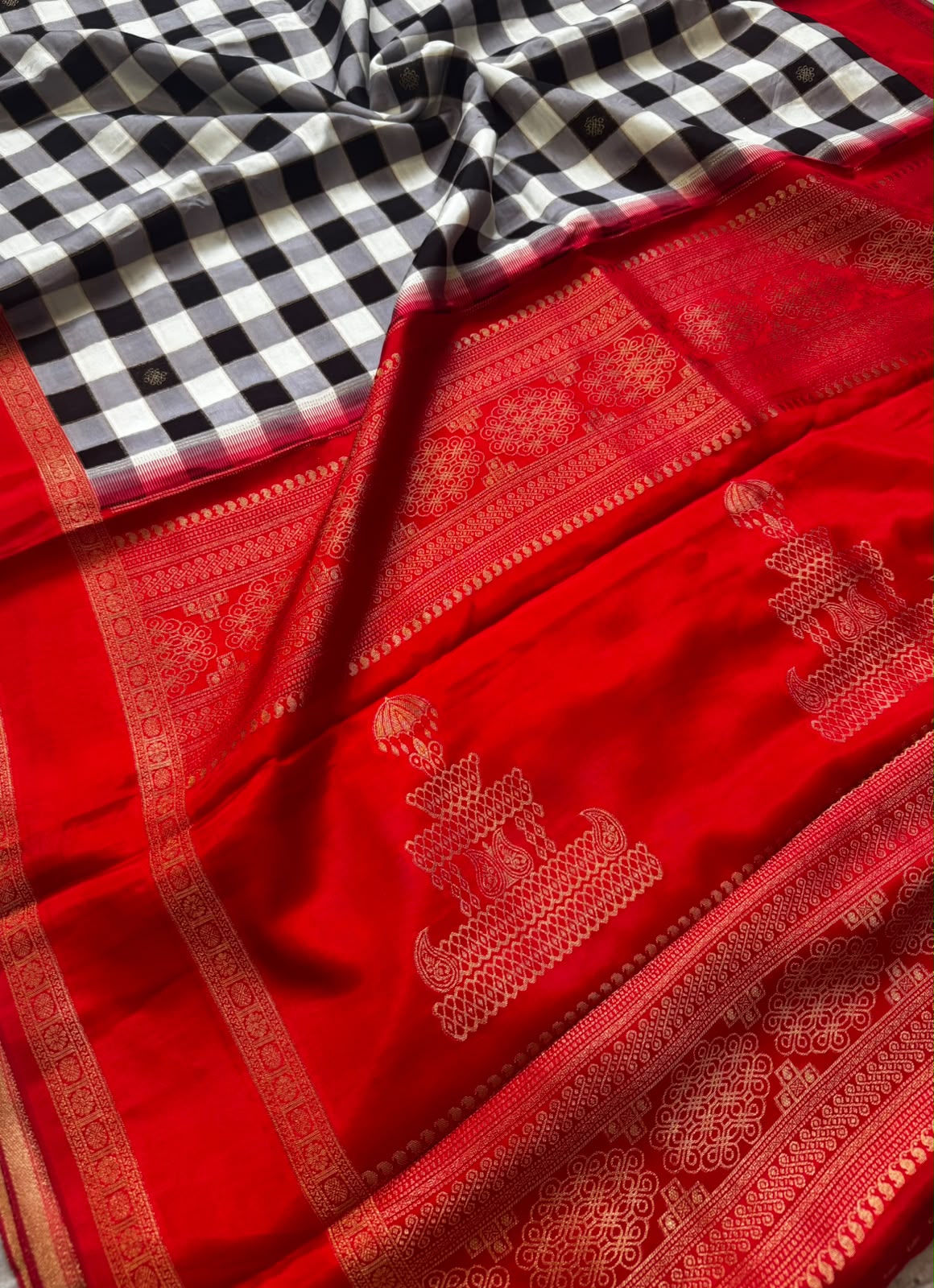 Red checks crepe 107 saree