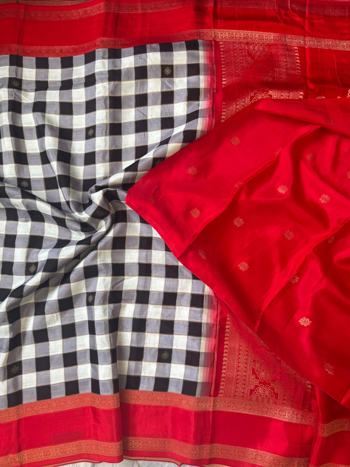 Red checks crepe 107 saree