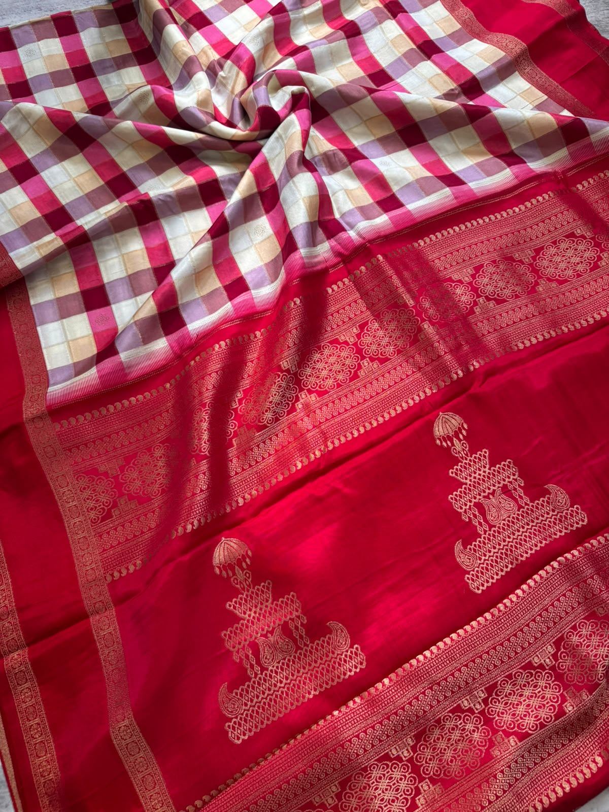 Pink checks crepe 107 saree