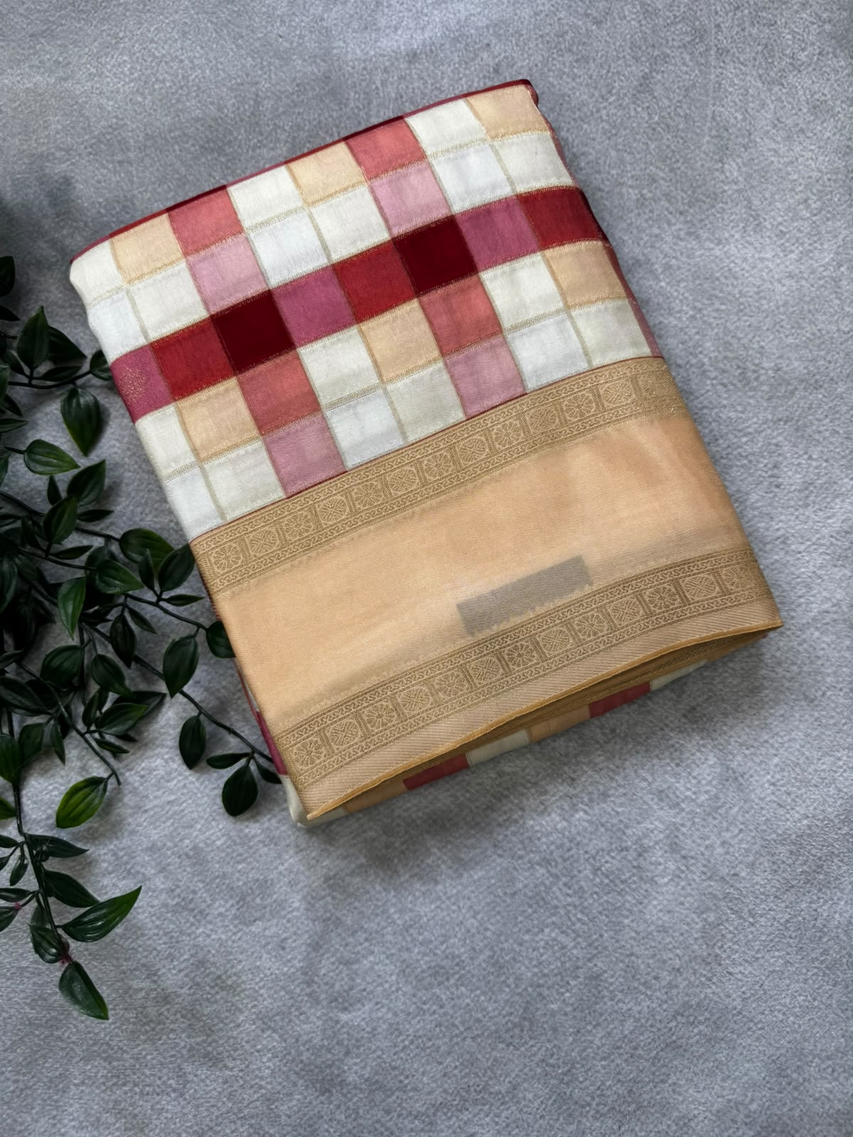Cream checks crepe 107 saree