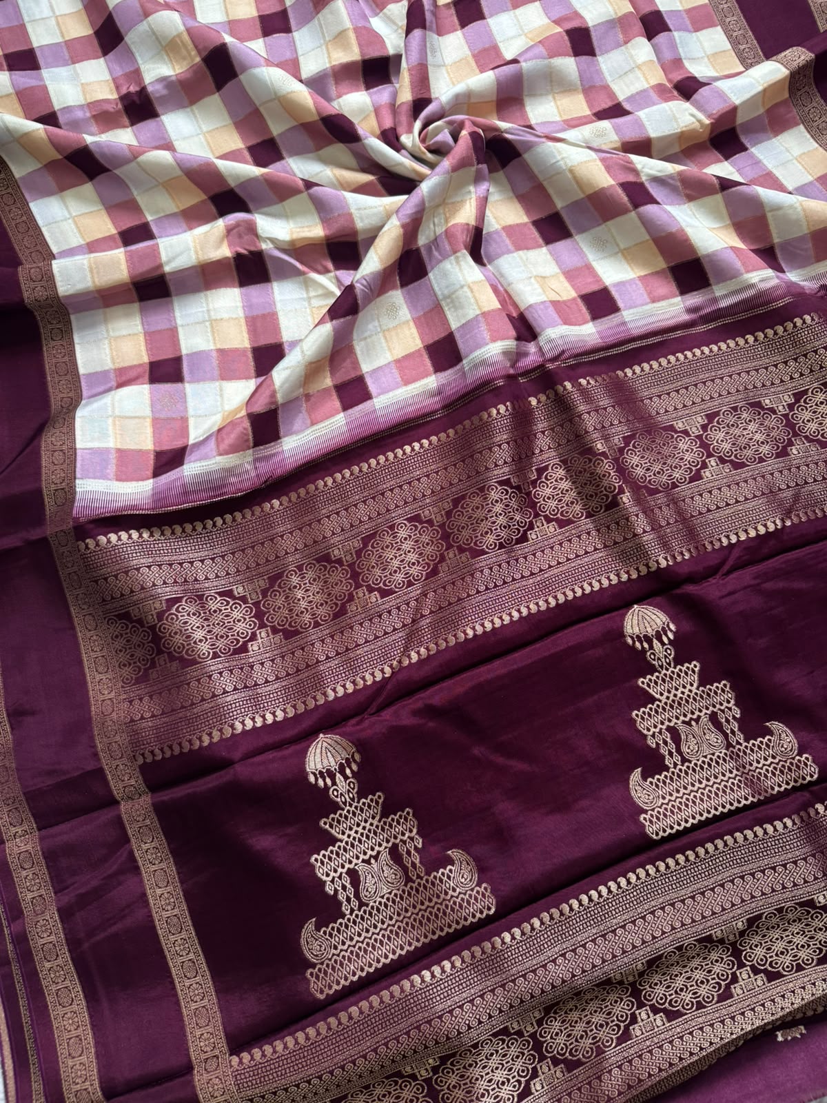 Wine checks crepe 107 saree