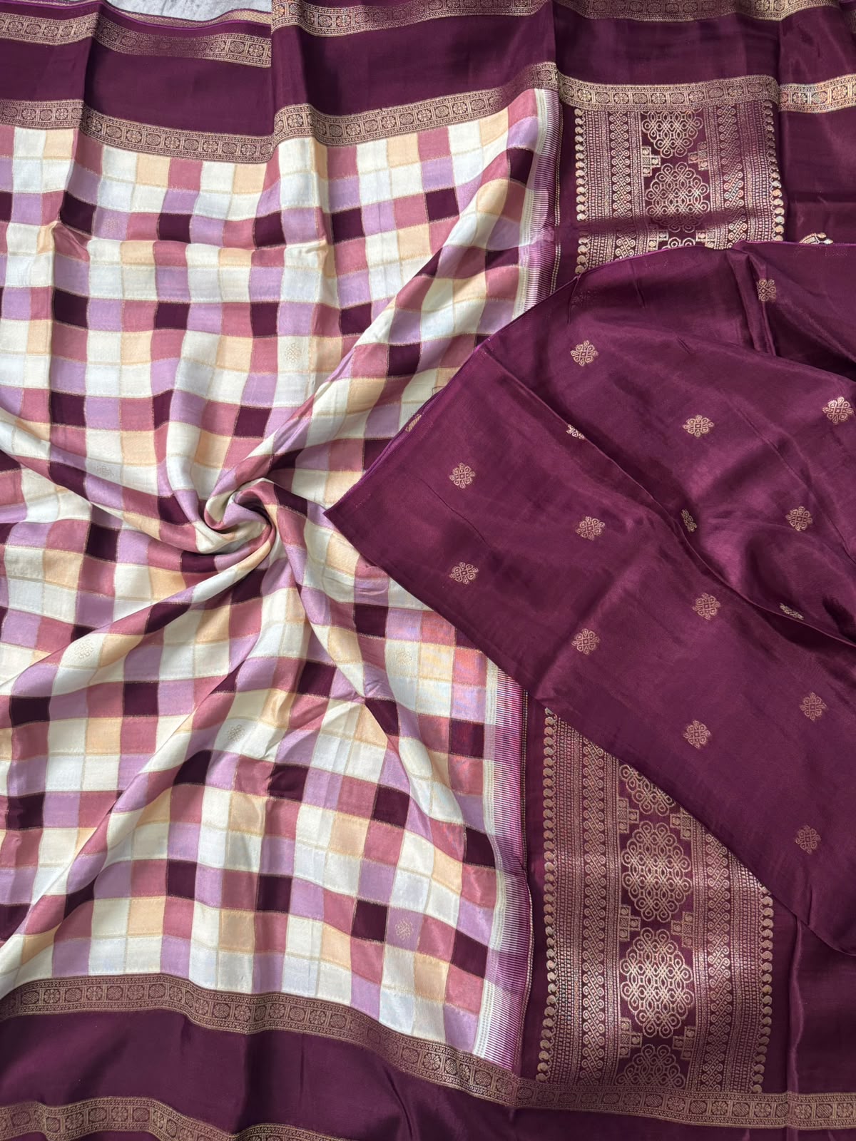Wine checks crepe 107 saree