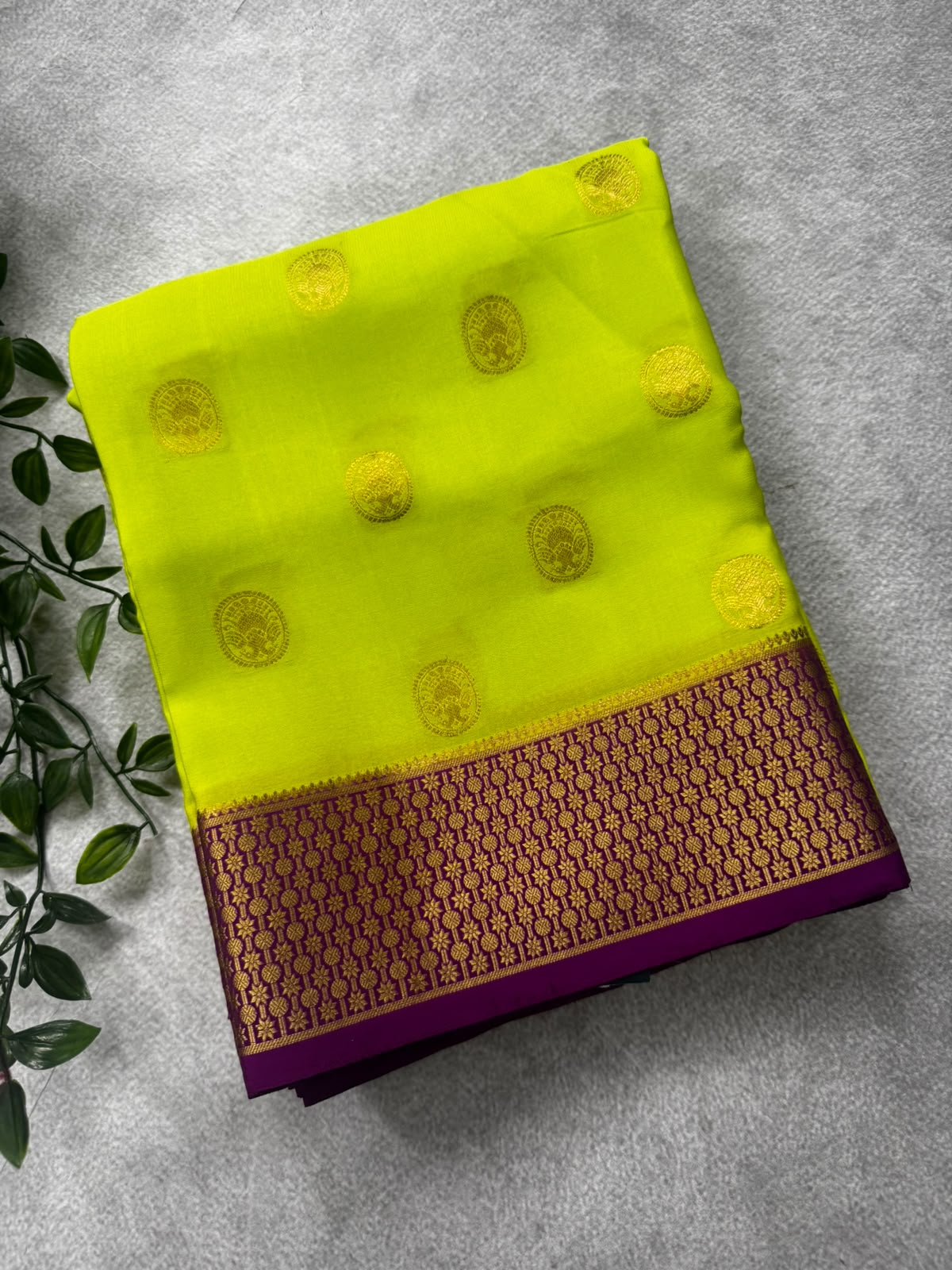 Neon green small butta pure mysore crepe silk saree MS107