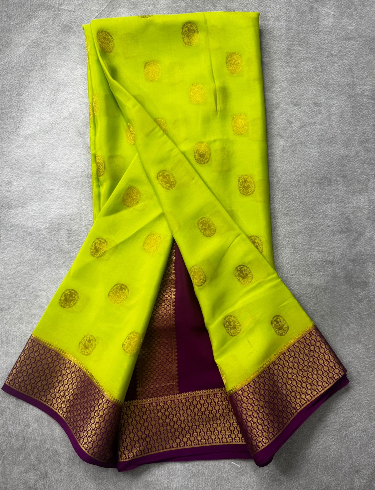 Neon green small butta pure mysore crepe silk saree MS107