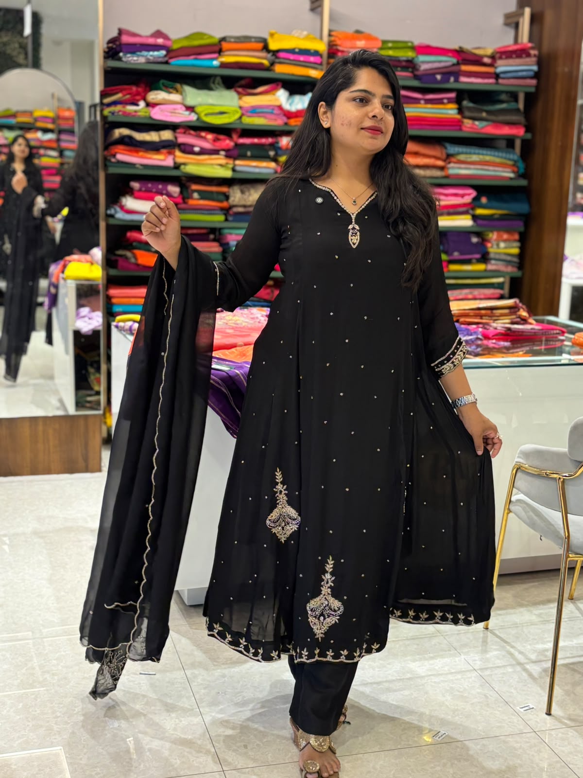 Black Chinnon Hand Embroidery Airline Kurtha 898