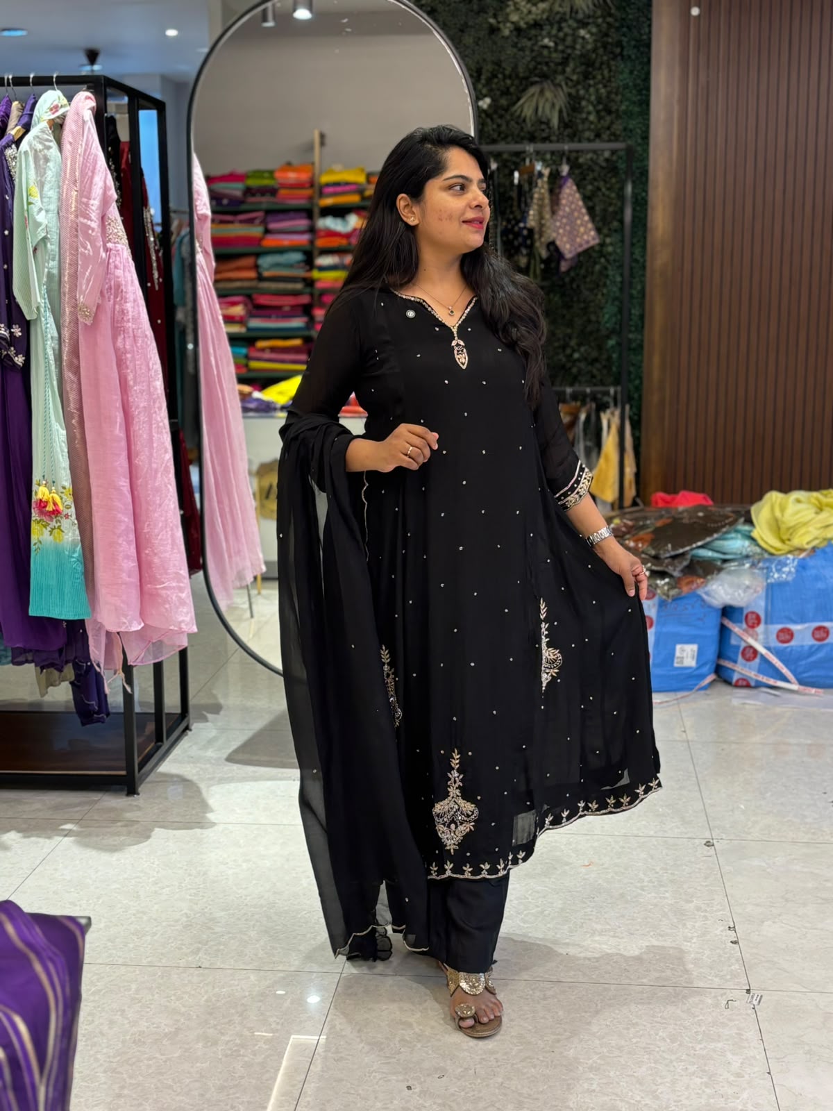 Black Chinnon Hand Embroidery Airline Kurtha 898
