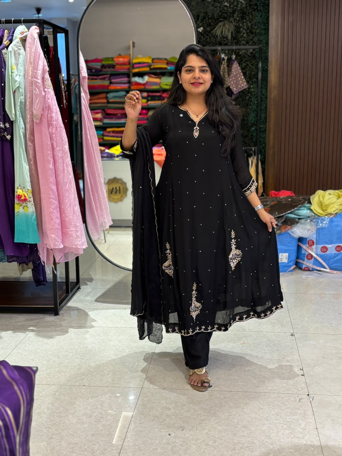 Black Chinnon Hand Embroidery Airline Kurtha 898