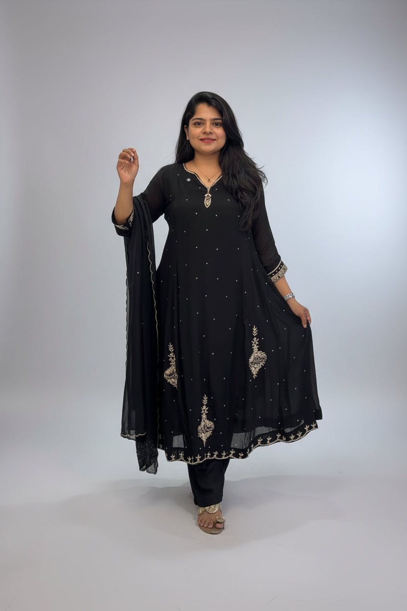 Black Chinnon Hand Embroidery Airline Kurtha 898