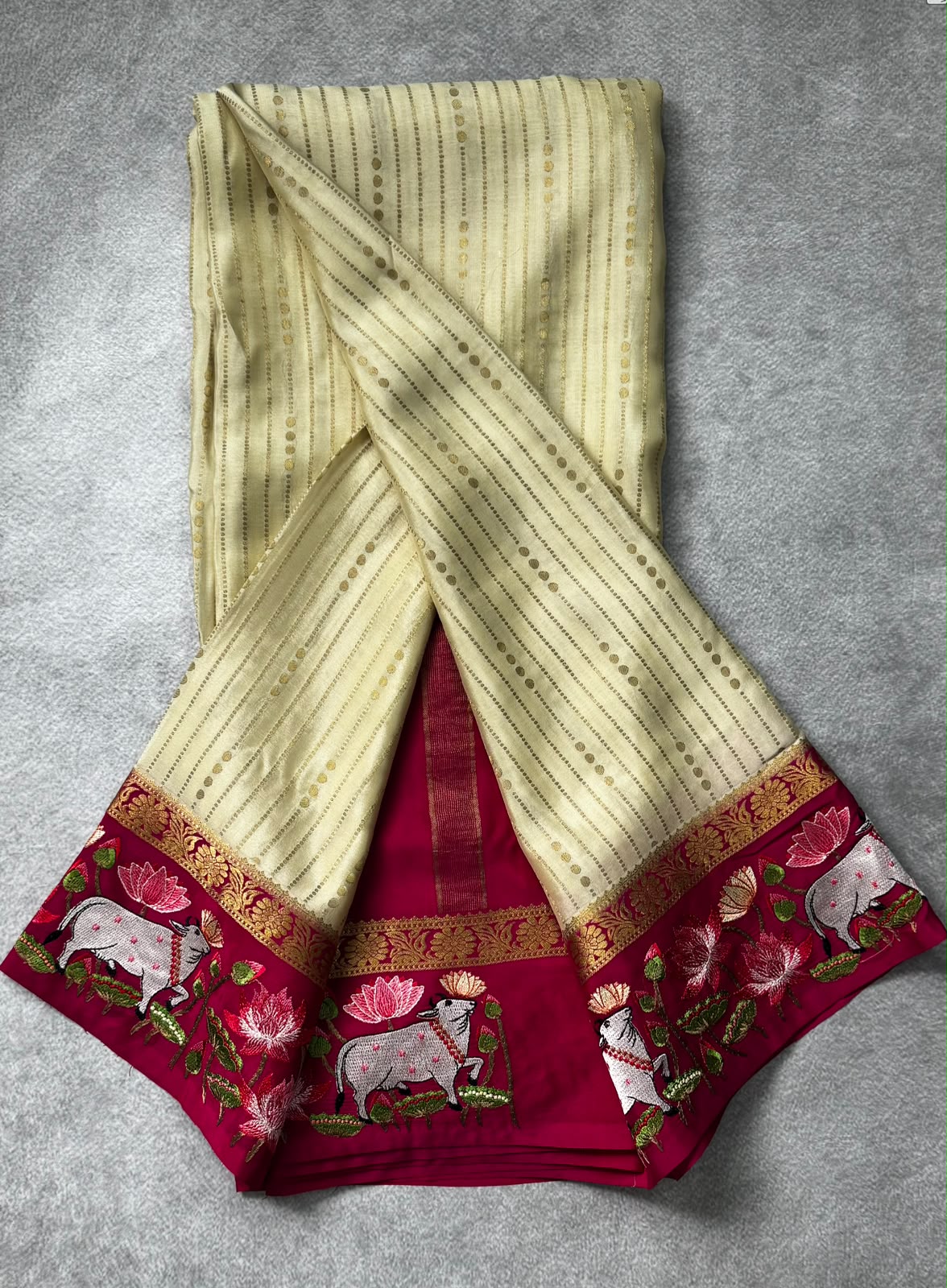 2D embroidery pure mysore crepe silk saree MS107