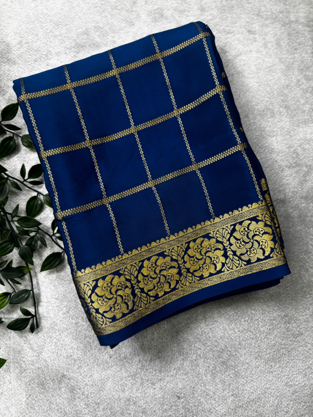 Peacock blue checks pure mysore crepe silk saree MS107