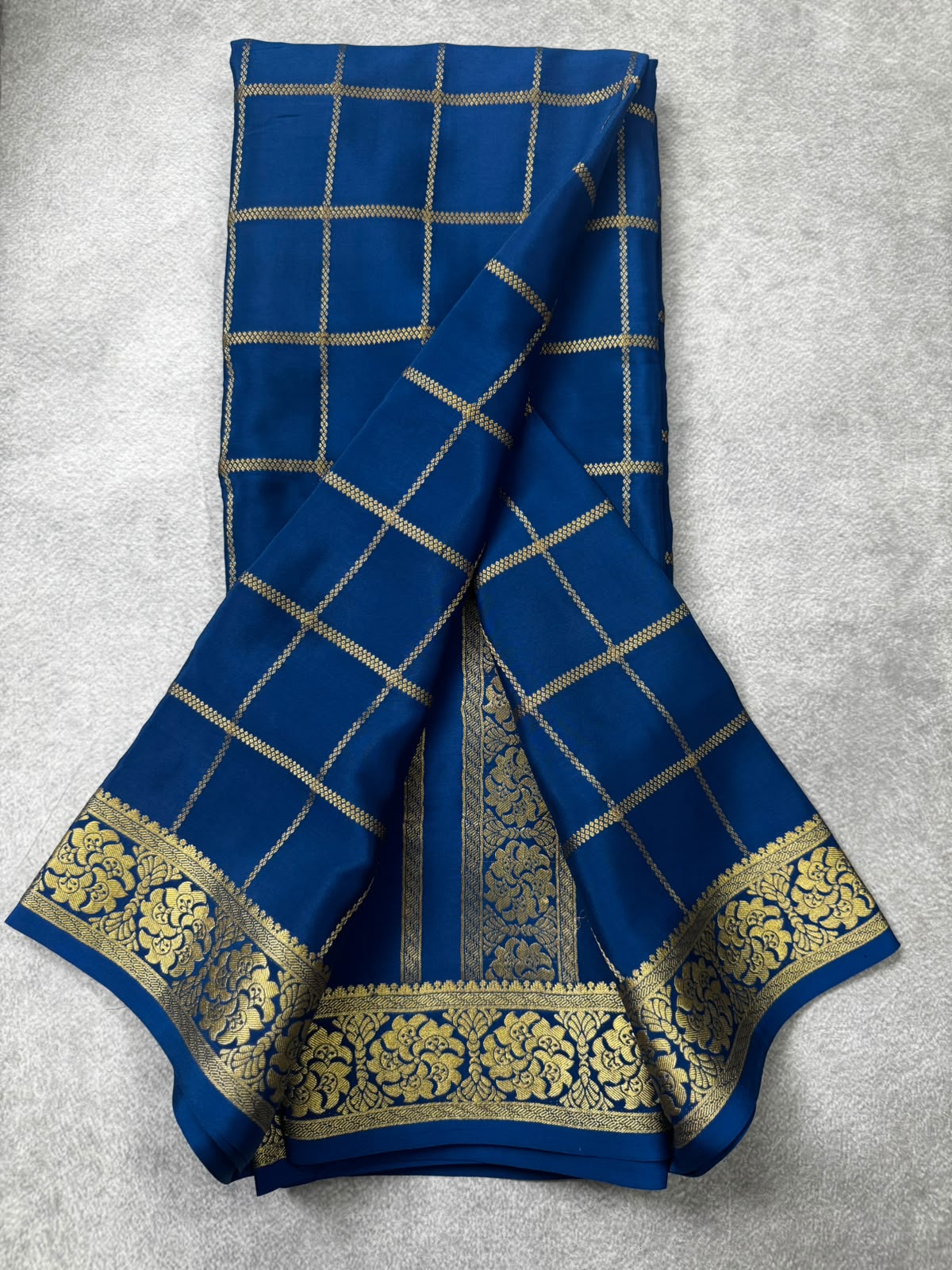 Peacock blue checks pure mysore crepe silk saree MS107