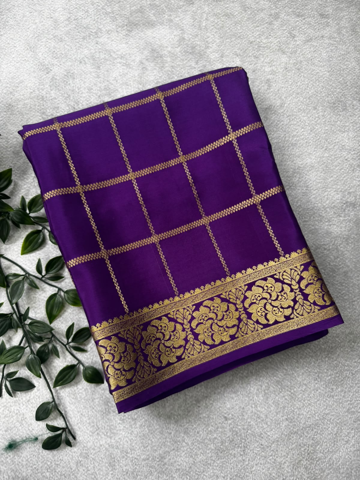 Purple checks pure mysore crepe silk saree MS107